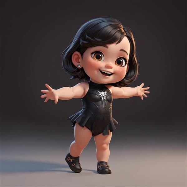 عروسک کارتونی دختر خوشحال مو قرمز با لباس چرمی دامن‌دار مشکی، فیگور سه بعدی