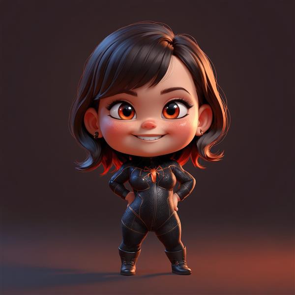 تصویر استوک 3D دختر مو نارنجی با بادی‌سوت مشکی و چکمه کوتاه، مناسب دکور پوستر