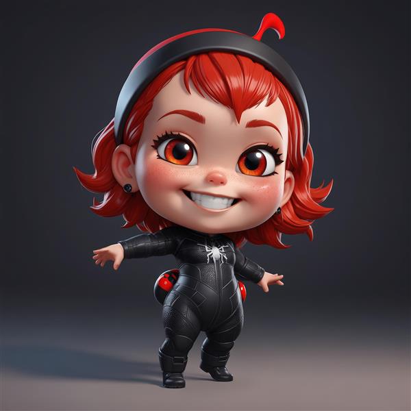 عروسک اسپایدرلیدی بامزه با هدبند و لباس چرمی، فیگور 3D سوپرقهرمانی