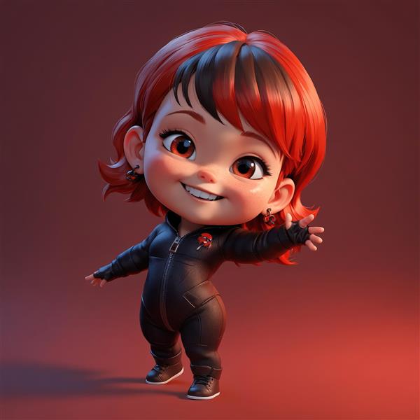 کاراکتر دختر با هودی مو مشکی و قرمز با ژست سلام یا خداحافظی، زمینه قرمز