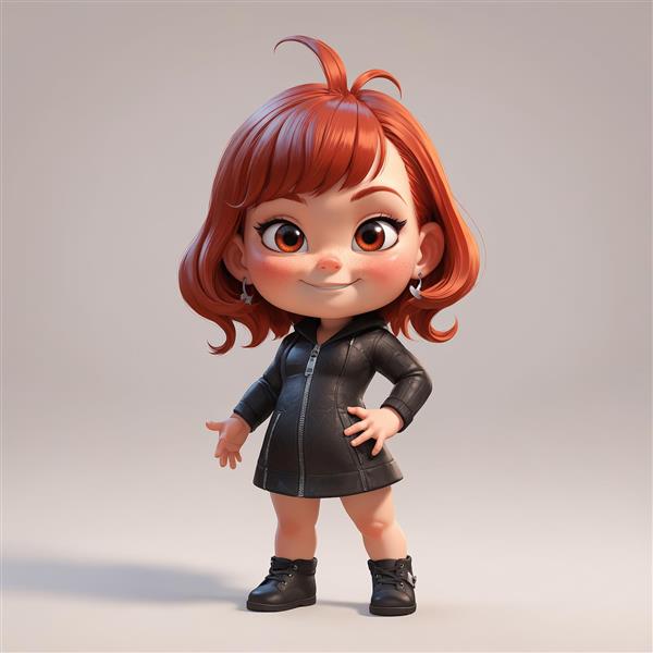 عروسک بامزه دختر موتور سوار با کت چرمی مشکی و موی کوتاه فرفری نارنجی