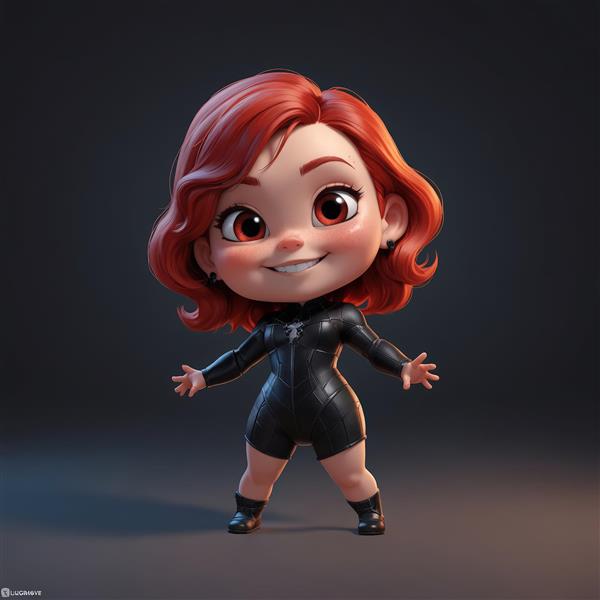 عروسک سه بعدی دختر مو قرمز با لباس چرمی مشکی و زمینه تیره مناسب تابلو