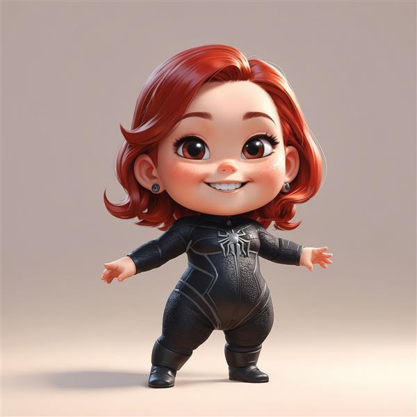 عروسک اسپایدرمن دخترانه چاقالو بامزه مو قرمز با لباس مرد عنکبوتی مشکی