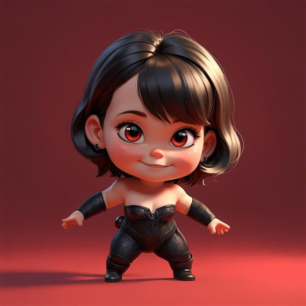 فیگور کارتونی دختر قهرمان با لباس مشکی چسبان و موهای کوتاه تیره، مناسب پوستر