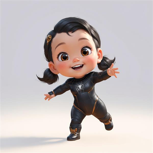 دختر کوچک کارتونی در لباس ابرقهرمانی مشکی و طلایی در حال دویدن یا حرکت اکشن