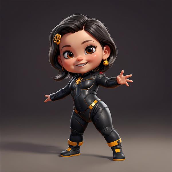 تصویر انیمیشنی دختر ابرقهرمان با لباس مشکی و زرد، ژست قدرت و نماد عنکبوت