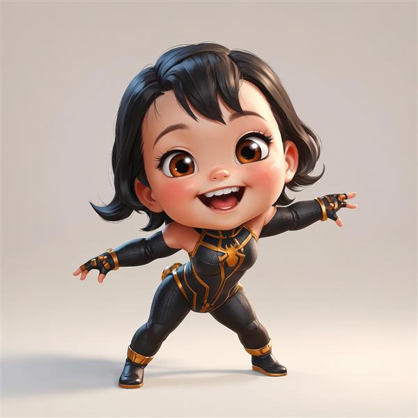 کاراکتر دختر کارتونی در لباس ابرقهرمانی مشکی و طلایی با نماد عنکبوت