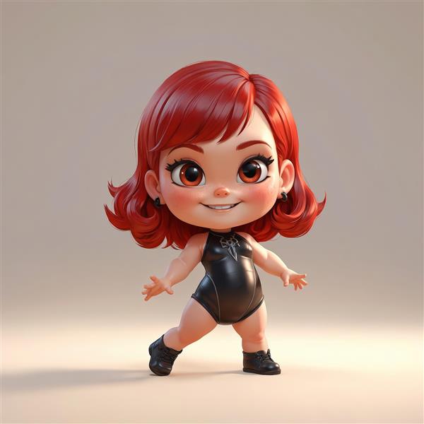دختر کارتونی بامزه با موی قرمز و لباس مشکی ابرقهرمانی یا باله