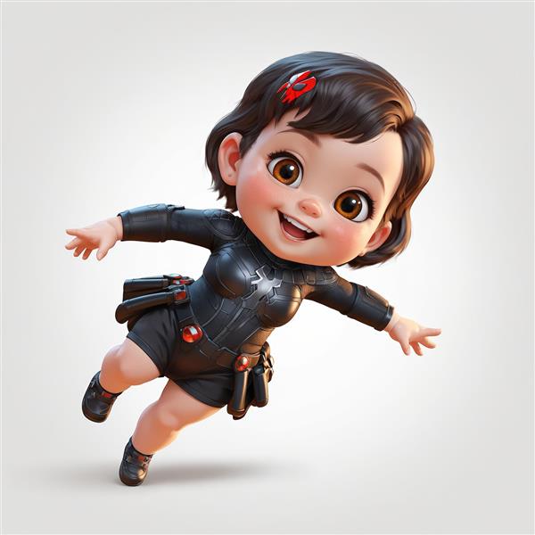 تصویر کاراکتر دختر ابرقهرمان یا جاسوس با لباس چرمی مشکی در حال پرواز