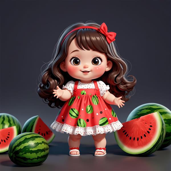 دختر کارتونی با لباس طرح هندوانه و میوه‌های کامل و برش خورده در اطراف او