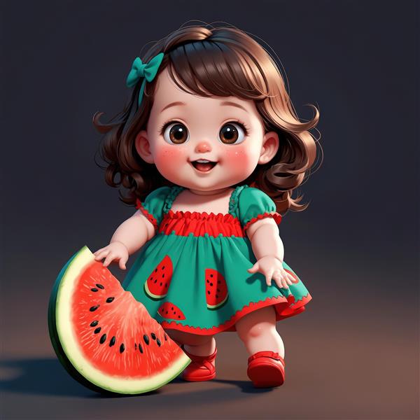 دختر کوچک کارتونی با لباس سبز طرح هندوانه و یک برش بزرگ میوه
