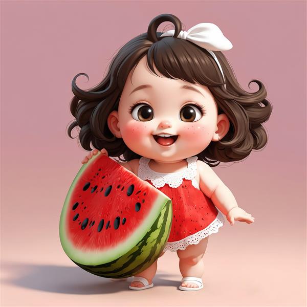 تصویر انیمیشنی دختر کوچک با لباس قرمز و سفید و برش هندوانه یلدا