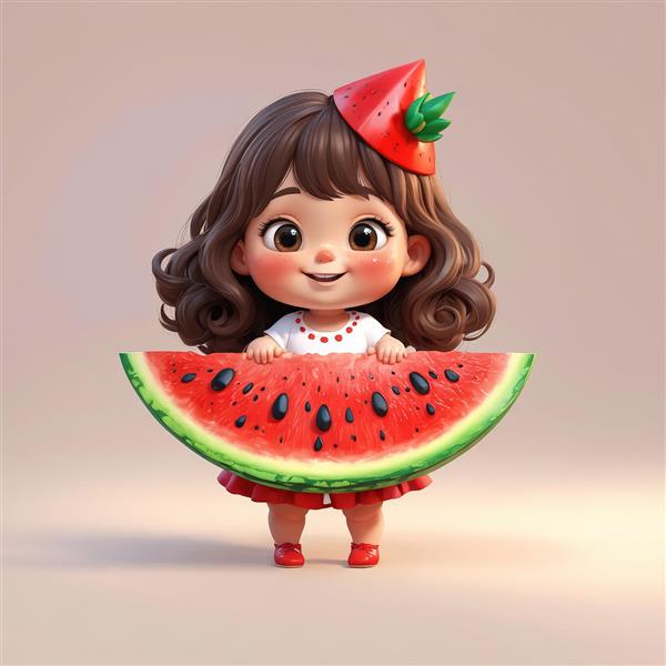 کاراکتر دختر بامزه با کلاه هندوانه‌ای و قاچ بزرگ هندوانه یلدا