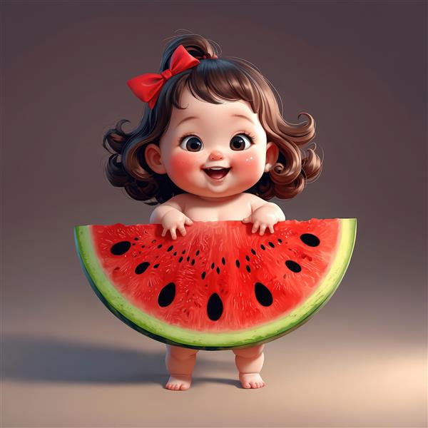 دختر کوچک کارتونی شاد با پاپیون قرمز و برش بزرگ هندوانه برای شب یلدا