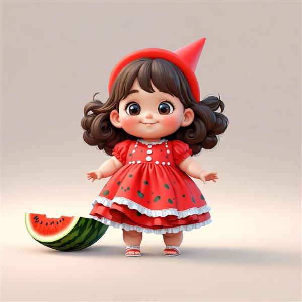 دختر کوچک کارتونی با لباس و کلاه قرمز طرح هندوانه با برش میوه در کنار او