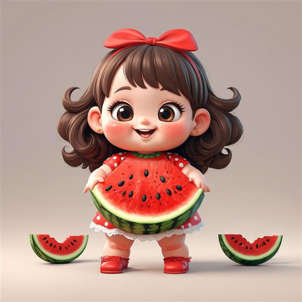 تصویر انیمیشنی دختر با تم هندوانه با دو برش میوه در طرفین و لباس خال‌دار قرمز