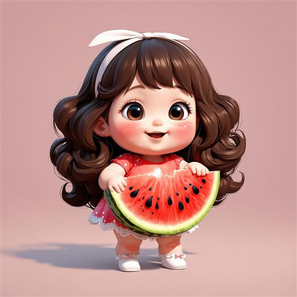دختر کارتونی زیبا با پیراهن قرمز خال‌دار و پاپیون سفید و یک قاچ هندوانه