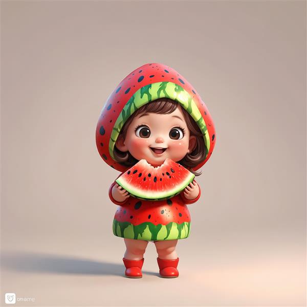 کاراکتر دختر کوچک کارتونی با کلاه و لباس هندوانه‌ای در حال خوردن میوه