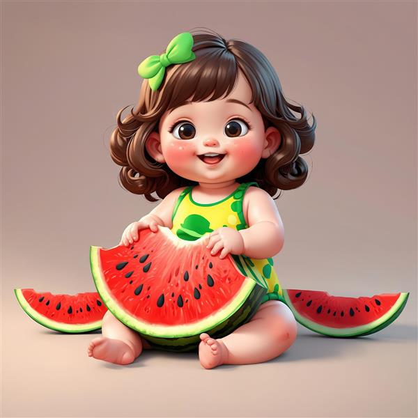 تصویر کاراکتر دختر بامزه در حال خوردن هندوانه با لباس شنای طرح‌دار