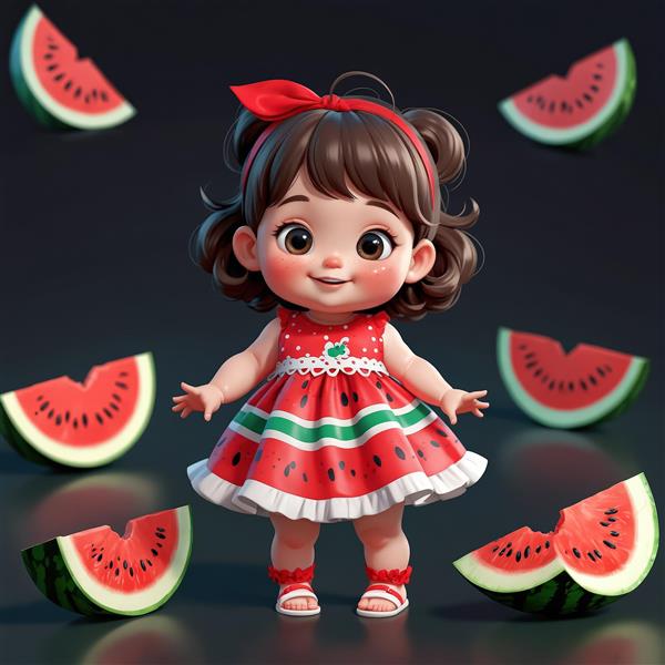 دختر کوچک کارتونی با تم هندوانه و شش برش میوه در اطراف او
