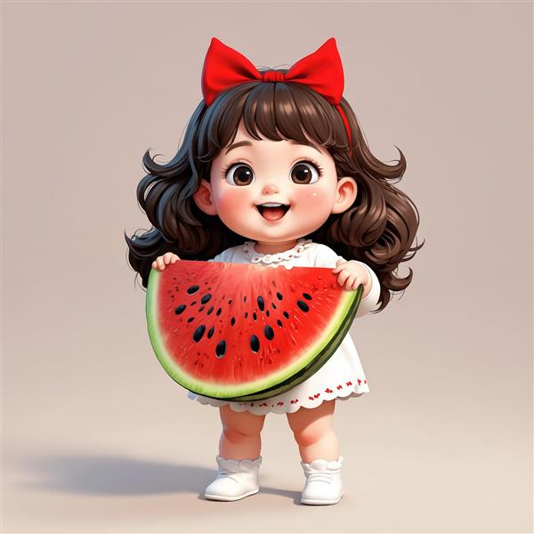 دختر کارتونی بامزه با پاپیون قرمز و لباس سفید در حال در دست گرفتن برش هندوانه