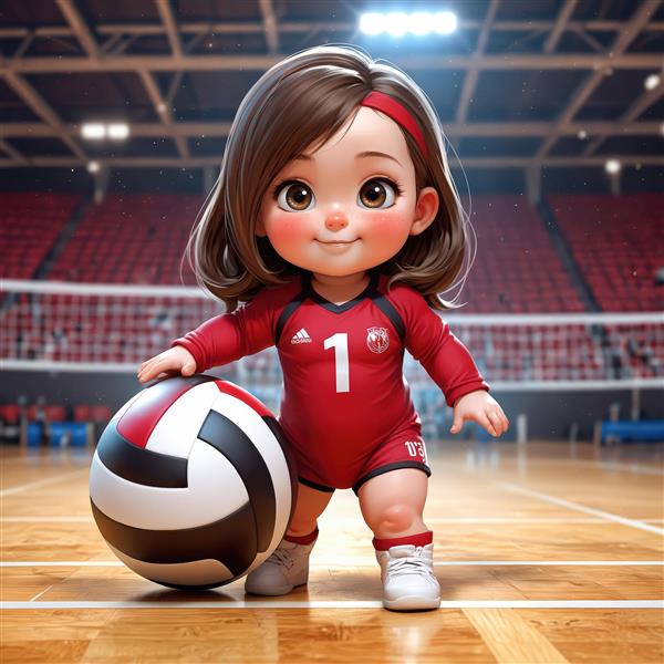 تصویر باکیفیت دختر والیبالیست قرمز با شماره ۱ در حال بازی در استادیوم