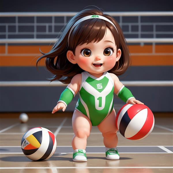 دختر والیبالیست بامزه کارتونی با لباس سبز در سالن ورزشی و دو توپ