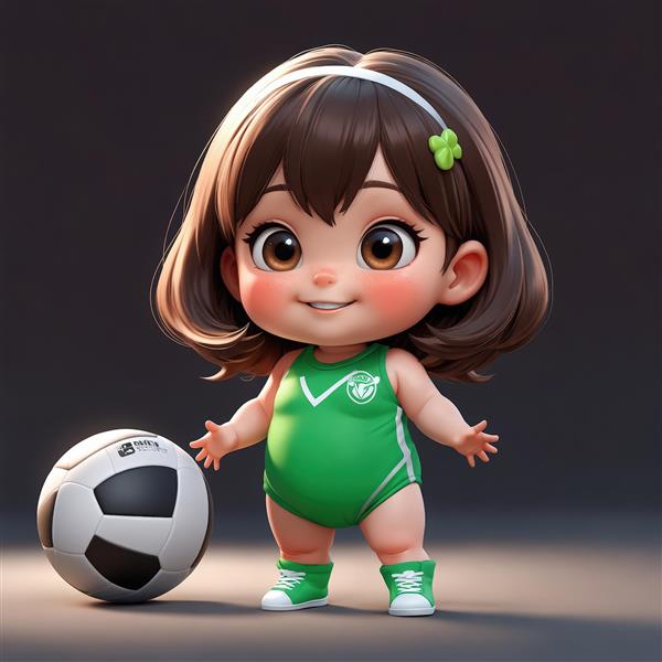 کاراکتر دختر کوچک کارتونی با لباس سبز و توپ فوتبال در زمین تیره