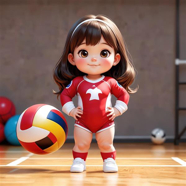 دختر کوچک کارتونی با لباس ورزشی قرمز و طرح پرنده در سالن والیبال