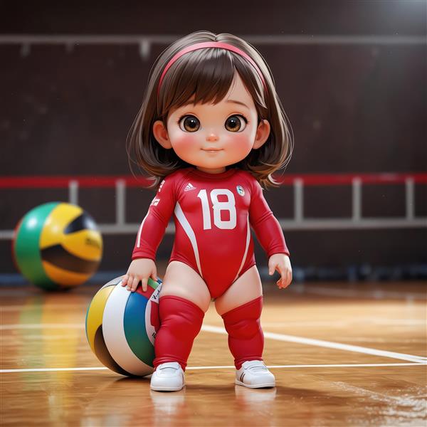 تصویر باکیفیت کاراکتر دختر والیبالیست با لباس قرمز و شماره ۱۸ در سالن ورزشی