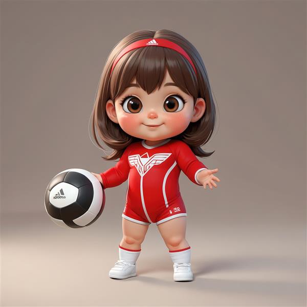 کاراکتر دختر کوچک کارتونی با لباس قرمز طرح‌دار و توپ فوتبال/والیبال