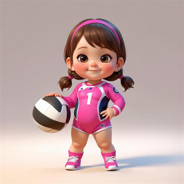 تصویر بامزه دختر کارتونی در حال والیبال با لباس صورتی و مدل موی دوتایی