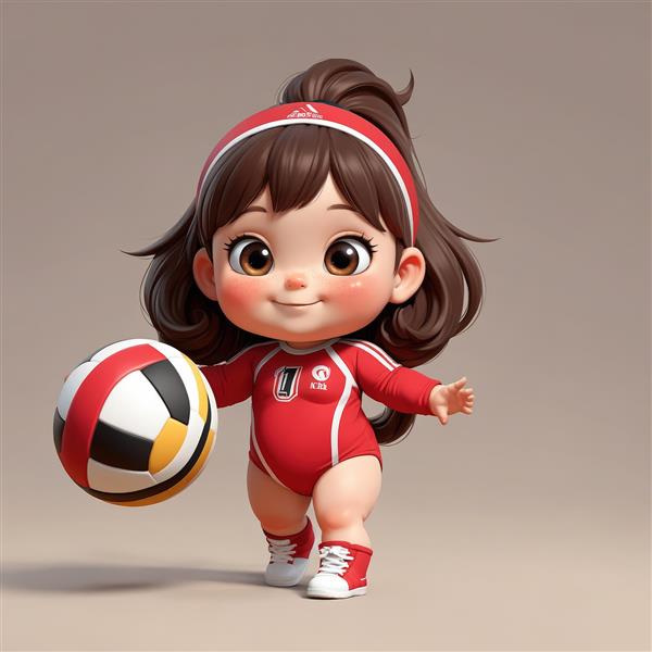 تصویر انیمیشنی دختر والیبالیست با لباس قرمز و توپ رنگی در دست