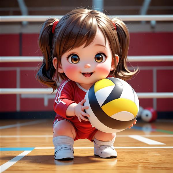 دختر کوچک کارتونی والیبالیست با پیراهن قرمز و توپ در زمین بازی