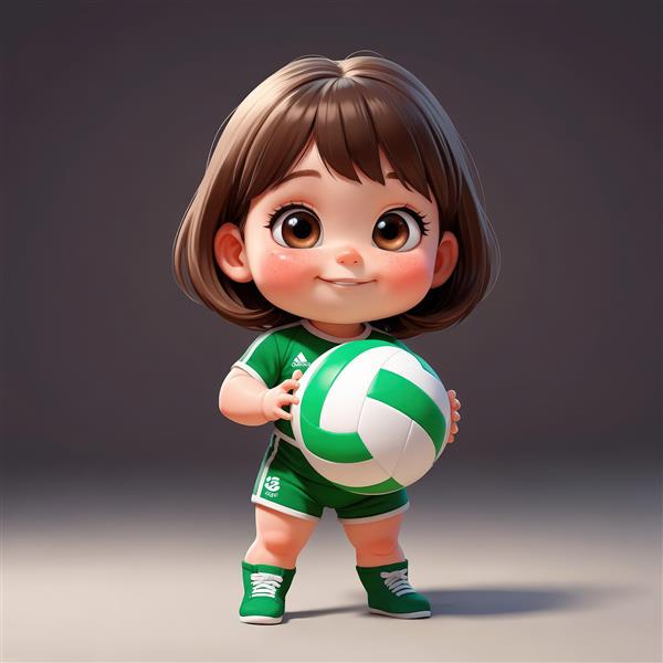 نوزاد کارتونی شاد با مایو یک‌تکه آبی و سفید در حال ایستادن روی شن‌های ساحل