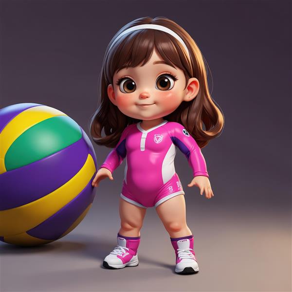 دختر کارتونی والیبالیست با لباس صورتی و توپ رنگارنگ بزرگ