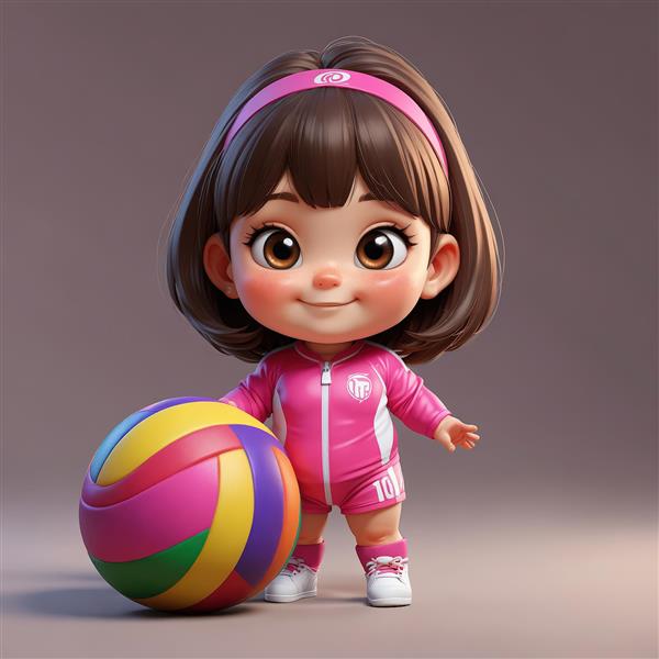 دختر کارتونی والیبالیست با لباس صورتی و زیپ‌دار و توپ رنگارنگ
