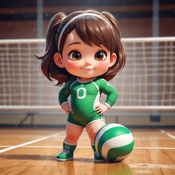 دختر کارتونی والیبالیست با لباس سبز و شماره 0 در حال ایستادن کنار توپ