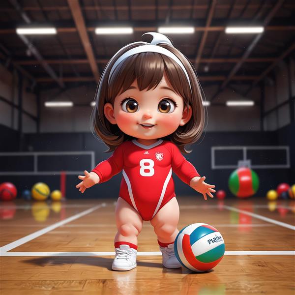 دختر کارتونی والیبالیست با لباس قرمز و شماره 8 در سالن ورزشی با توپ‌های دیگر