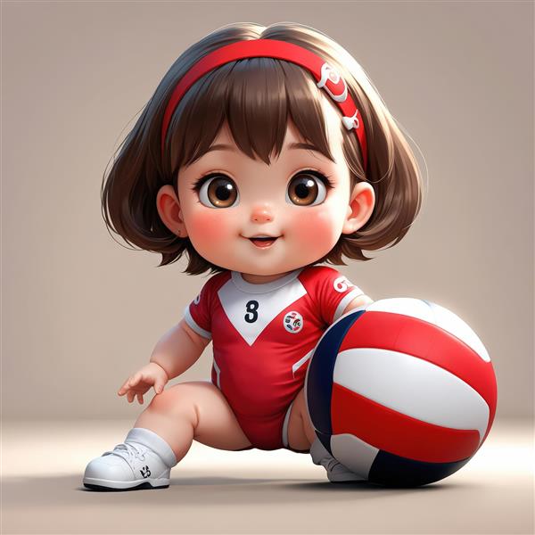 دختر کارتونی والیبالیست با لباس قرمز در حال نشستن و نگه داشتن توپ رنگی