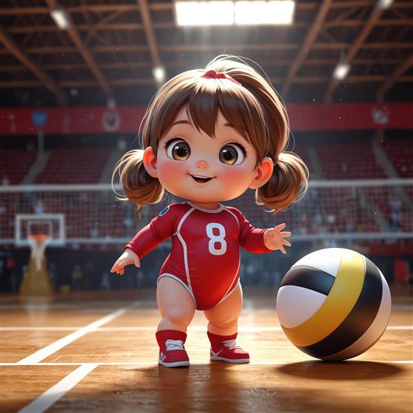 دختر کارتونی والیبالیست با لباس قرمز و شماره 8 در زمین والیبال سرپوشیده