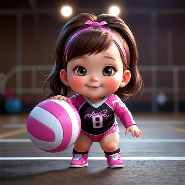 دختر کارتونی والیبالیست با لباس صورتی و مشکی و توپ والیبال صورتی و سفید