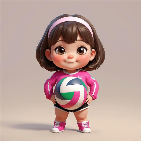 دختر کارتونی والیبالیست با لباس صورتی و توپ رنگی در حال بغل کردن توپ