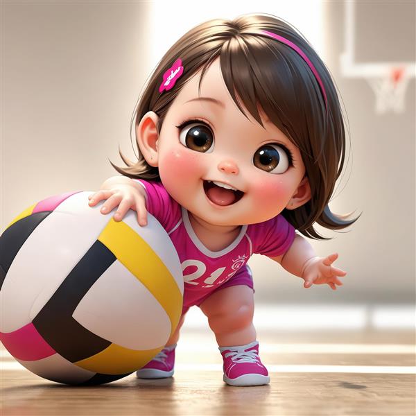 تصویر کارتونی کلوزآپ از دختر والیبالیست شاد با لباس صورتی و توپ