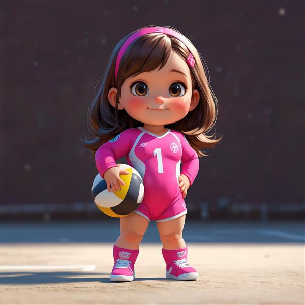 دختر کارتونی والیبالیست با لباس صورتی و شماره 1 با توپ والیبال