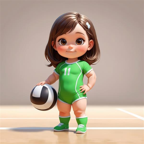 دختر کارتونی والیبالیست با لباس سبز و شماره 11 در حال نگه داشتن توپ