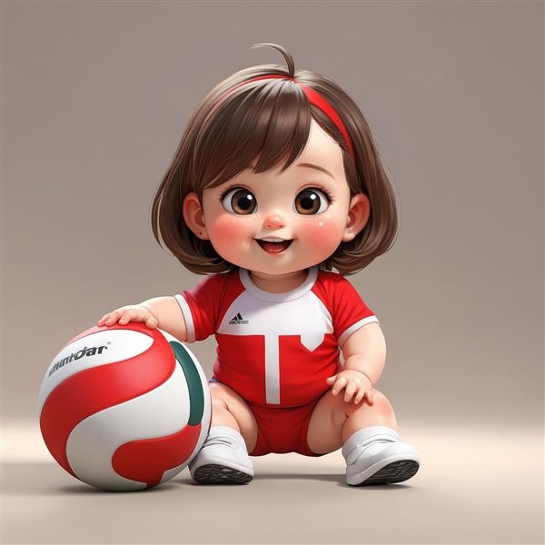 دختر کارتونی والیبالیست با لباس قرمز و سفید در حال نشستن کنار توپ