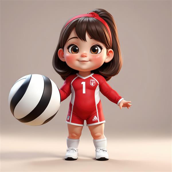 دختر کارتونی والیبالیست با پیراهن قرمز و شماره 1 با توپ بزرگ سیاه و سفید