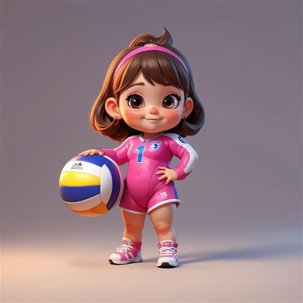 دختر کارتونی والیبالیست با لباس صورتی و توپ والیبال رنگارنگ