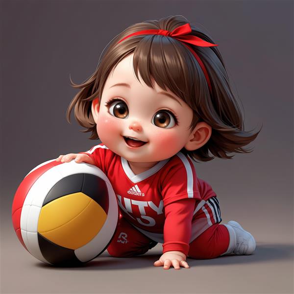 دختر کارتونی والیبالیست با لباس قرمز در حال خزیدن کنار توپ والیبال
